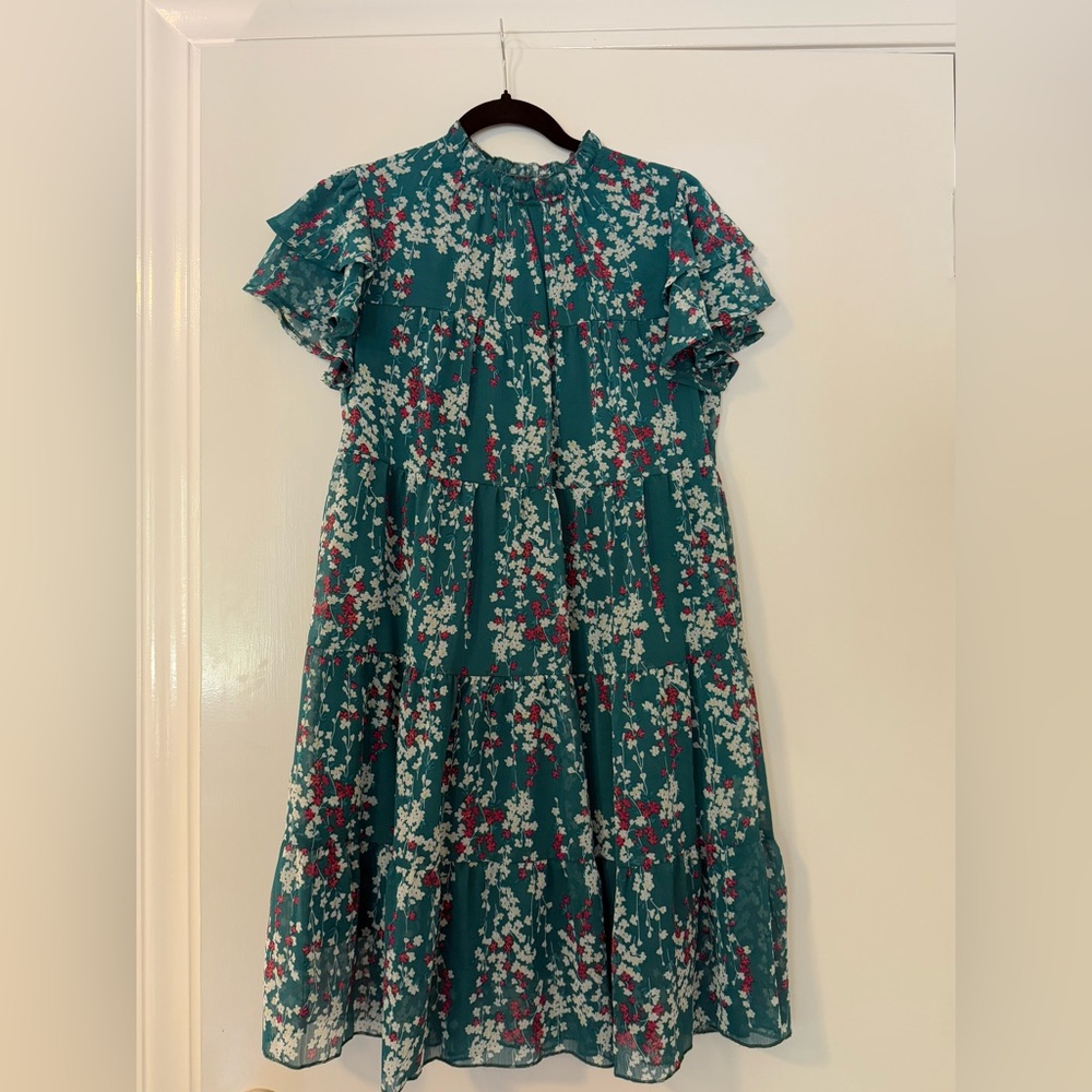 Floral Tiered Dress - Teal Green with White & Red Flowers